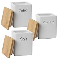 Maury's Tris Barattoli in Ceramica con Chiusura Ermetica ad incastro e Top in Legno di Dimensioni 9x12cm: Sale, Zucchero e Caff&egrave; (Quadrato)
