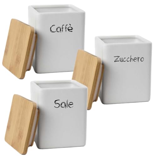 Maury's Tris Barattoli in Ceramica con Chiusura Ermetica ad incastro e Top in Legno di Dimensioni 9x12cm: Sale, Zucchero e Caffè (Quadrato)