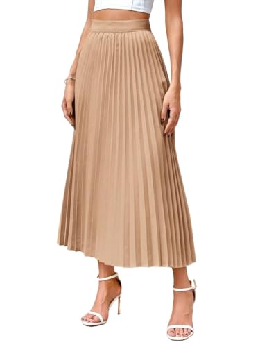 Trendy Beach Skirts Women's Solid High Waist Long Pleated Elegant A-Line Skirt