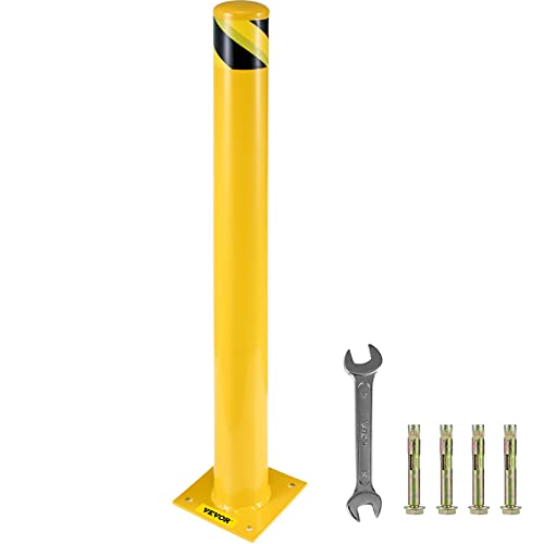 VEVOR Bollard de Sécurité 107x11,4 cm, Borne de Sécurité en Tube d’Acier Durable, Revêtement en Poudre Jaune, Barrière de Sécurité avec 4 Boulons d'ancrage pour Parking Stationnement Piétons Écoles