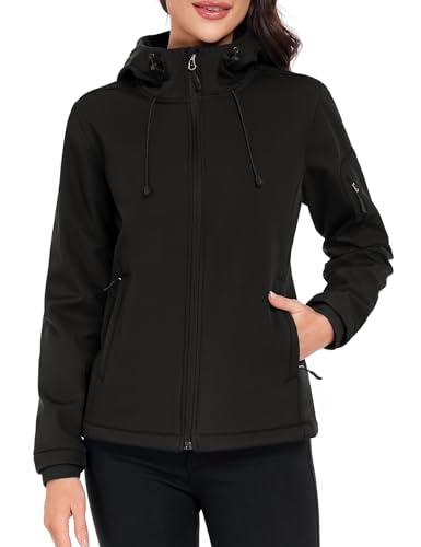 Vancavoo Softshelljacke Damen Kurz Übergangsjacke Wasserdicht Winddicht Atmungsaktiv Wanderjacke Funktionsjacke Fleecejacke Outdoor Jacke mit Kapuze,Schwarz,L