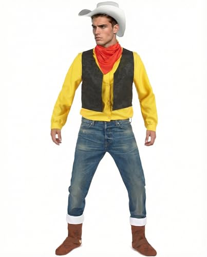 DEGUISE TOI - Déguisement Lucky Luke adulte - Chapeau - Couvre-bottes - Foulard - Chemise avec gilet - XL - Jaune - Déguisements adultes - 100% polyester - Laver à la main - Carnaval