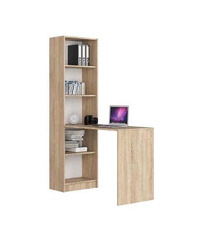 BDW Smart 2-in-1 Schreibtisch + Bücherregal Combo - Platzsparend und Funktional - Schreibtischarbeitsplatz für Studium & Arbeit - geräumiger Schreibtisch mit Schubladen - Eiche Sonoma