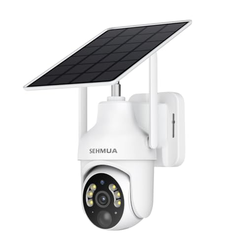 Image of SEHMUA 2K Solar Security Camera Wireless Outdoor, 1 Pack 360 View Pan /Tilt WiFi Security Camera Outside with Color Night Vision, Easy to Install, PIR Alarm, 2-Way Audio, White