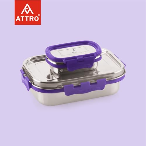 Image of ATTRO Shine Medium Stainless Steel Lunch Box 2-Piece Set - 800ml + 150ml - Leak-Proof, BPA-Free, Compact & Durable - Ideal for Kids, Office, Travel - Purple