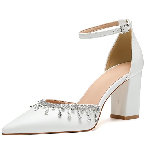 Bridal Heels for Wedding with Crystal Rhinestone, Block Heel Pointed Toe Women's Pumps, Closed Toe Heels for Women