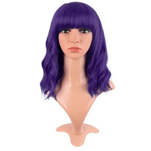 Image of MapofBeauty 14 Inch /35 cm Short Wavy Curly Women Fresh Bright Synthetic Ordinary Flat Bangs Bob Wig (Dark Purple)