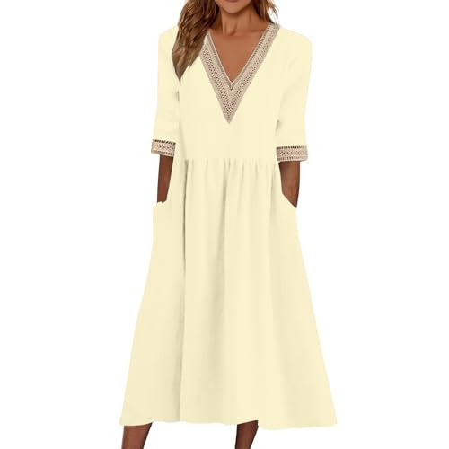 SCBFDI Robe Femme Lin Robe Mariage Femme Été Boheme Chic Orientale Rouge Soirée Tenue Ceremonie Pois Blanche Dos Nu Ete Grande Beige 2XL Beige 2XL