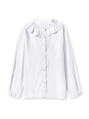 Image of SOLOCOTE Girls White Blouse Ruffle Long Sleeve Button Down Shirts Princess Cotton Loose Soft Tops Spring and Summer, SLN9011 13-14 White