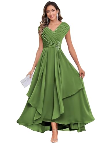 Long Chiffon Mother of The Bride Dresses for Women Tea Length V Neck Pleated Formal Evening Dress