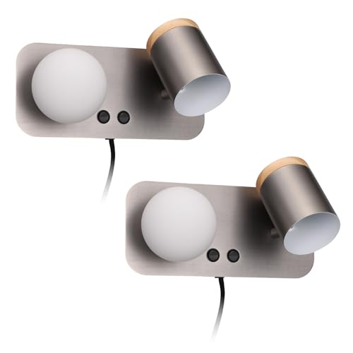 Image of TORCHSTAR Wall Mounted Bedside Reading Light, Dual-Head Sconce with Glass Globe, Plug-in & Hardwired, Adjustable Spotlight, 2 Switches, Satin Nickel, Pack of 2