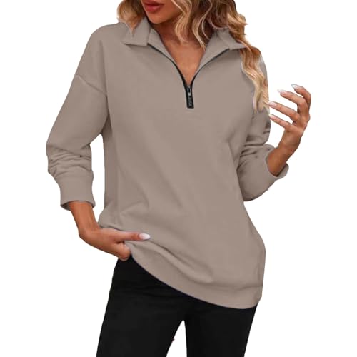 HUIFUAO Womens Long Sleeve Tops Half Zip Ladies Sweatshirts Plus Size V Neck Pullover Black Basic T Shirt Tunic (Brown, M)