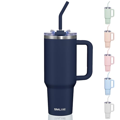 Image of COKTIK 40 oz Tumbler With Handle and Straw Lid, Vacuum Insulated Travel Coffee Mug Stainless Steel Insulated Cup for Beverages, Leak-proof, Cupholder Friendly(Navy)