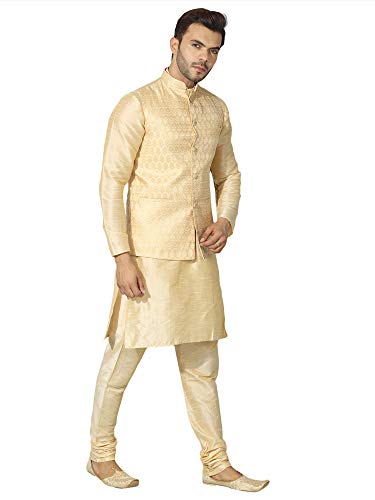 Image of Uri and MacKenzie Men's Silk Blend Regular Kurta Churidar Pyjama with Bundi Nehru Jacket /Waistcoat
