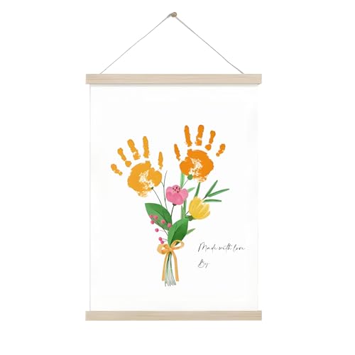 Poranlem Baby Handprint Craft Art DIY Floral Bouquet Kids Birthday Activity Children Keepsake Wall Art Print Flowers Painting Gift Natural Wood Frame (Hanging Scroll)