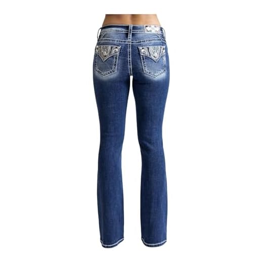 Miss Me Women's Abstract Stitch Mid-Rise Bootcut Jeans, Dark Blue, 32L