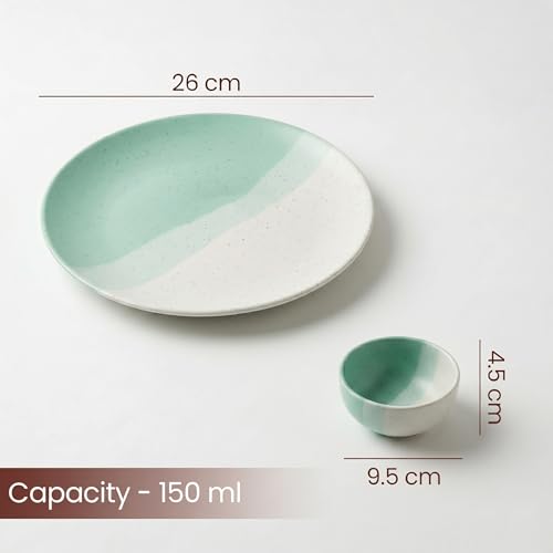 Image of The Earth Store TT Green Matte Ceramic Dinner Set, 18 Pieces with 6 Dinner Plates & 12 Vegetable Bowls | Microwave & Dishwasher Safe | Dinner Set for Dining Table