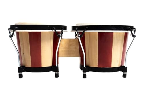 Image of Softline Pro Bongo Drum Set with Tuning Wrench & Padded Professional Wooden Percussion Instrument for Beginner Adults Kids - Natural Skin (Red Stripe - Normal)