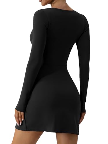 Wenlia Long Sleeve Dresses for Women 2025 Fall Women's Mini Bodycon Sweetheart Neckline Dress with Slit Built in Shorts2