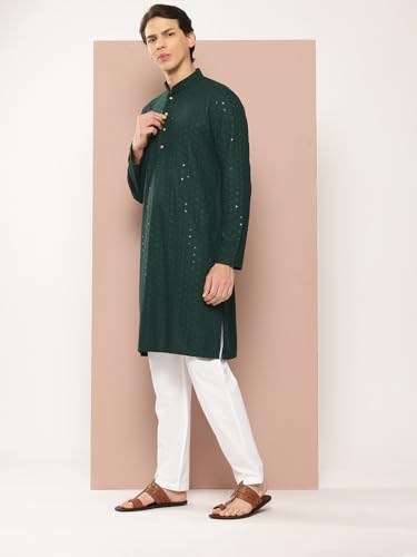 Image of See Designs Men's Long Sleeve Side Slit Embroidered Sequined Rayon Mandarin Collar Kurta