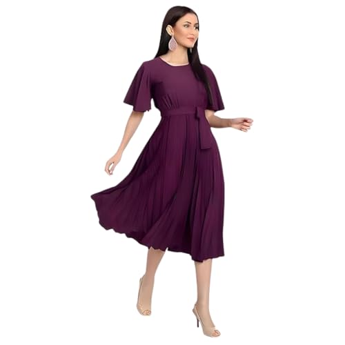 Image of KUDUZO Women's Crepe Long Pleated Below Knee Length Flutter Sleeve Round Neck S to XL Maxi Dress for Girls. (EG-U0IM-B9A1)