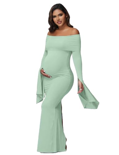 JustVH Women's Maternity Long Sleeve Off Shoulder Pregnancy Photography Dress for Baby Shower Photoshoot Party Mint Green