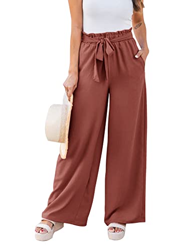 Nimin Pants For Women High Waisted Wide Leg Pants Loose Comfy Casual Pants Flowy Summer Beach Pants With Pockets Dark Red X-Large #TOP2