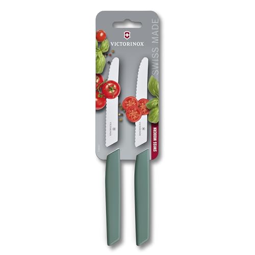Victorinox Swiss Modern Tomato and Table Knives, Vegetable Knife Set, 2 Pieces, 11 cm, Extra Sharp Serrated Edge, Dishwasher Safe, Sage