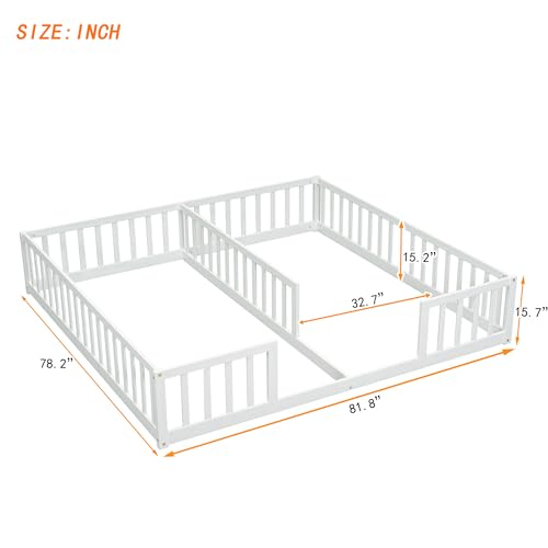 Double Floor Bed Frames for Kids, Wood Montessori Bed with Fence Rails, Two Twin Bed Frames for Kids Boys Girls Children, White