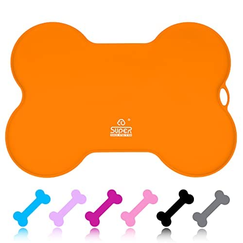 SUPERDESIGN Dog Food Mat Bowl Mat for Floors Waterproof Silicone Cat Dog Feeding Mat for Food and Water Pet Placemat Non Spill Puppy Dish Tray Non Slip Bone Shaped Small Medium Large Orange