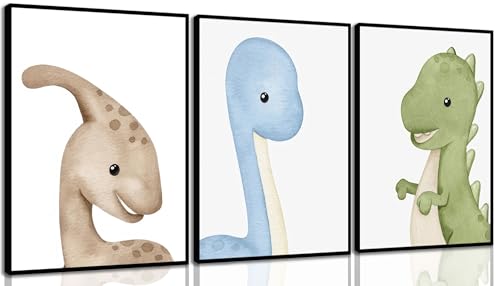 Image of XXOUYLQ 3Pcs Watercolor Dinosaur Wall Art Kids Boys Room Canvas Wall Decor neutral dino Painting nursery Prints Funny Animals Plants Poster for Boys or Girls Bedroom unframed