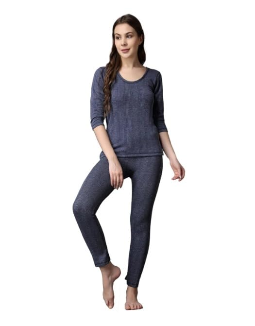 Women’s Blue Thermal Full Sleeve Top & Bottom Set – Warm Loungewear, Comfortable Sleepwear, Stretchable Nightwear, Winter Thermal Clothing.-image-9