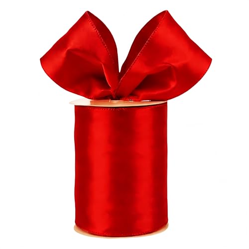 Meseey 4 Inch Red Satin Wired Ribbon 20 Yards Extra Wide Solid Wired Edge Ribbons for Gift Wrapping Wreaths Big Bows Floral Bouquets Crafts Christmas Holiday Decorations