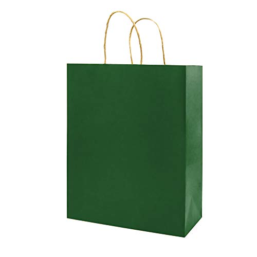 bagmad 100 Pack 5.25x3.25x8 inch Small Green Kraft Paper Bags with Handles Bulk, Gift Bags, Craft Grocery Shopping Retail Party Favors Wedding Business Sacks (Dark Green, 100pcs)