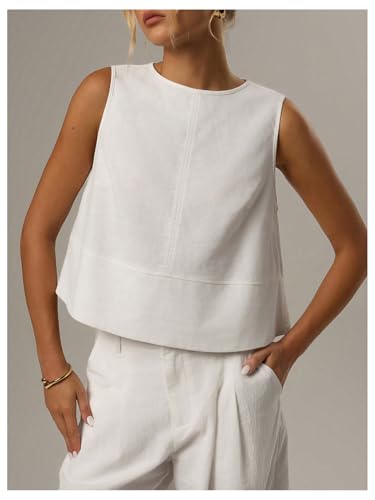 MakeMeChic Women's Linen Tank Tops Crew Neck Vest Tops Office Work Sleeveless Blouse3
