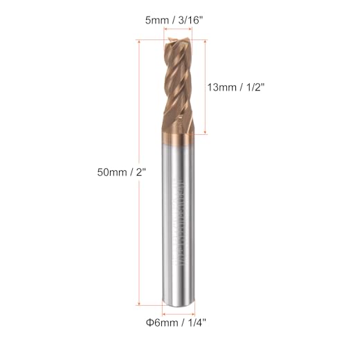 Image of HARFINGTON Micro Grain Carbide Square End Mill 3 /16 inch x 1 /2 inch (5mm x 13mm) Cut 1 /4 inch (6mm) Shank 2 inch (50mm) Length AlTiN Coated 4 Flutes Square Nose Cutter for Alloy Steel Hardened Steel