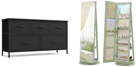 SONGMICS Dresser for Bedroom, 6 LEDs Lockable Mirror Jewelry Cabinet, ULGS322B01S and UJJC007C01