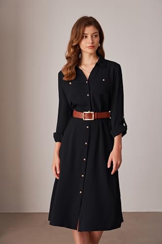 GRACE KARIN Women's Long Sleeve Button Down Shirt Dress Casual Loose Tie Waist Adjustable Sleeve Length Midi Dresses2