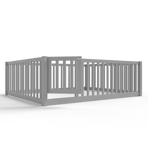 Image of Bellemave Full Size Kids Montessori Floor Bed with Door,Solid Wood Floor Bed Frame with High Fence for Girls,Boys,Gray