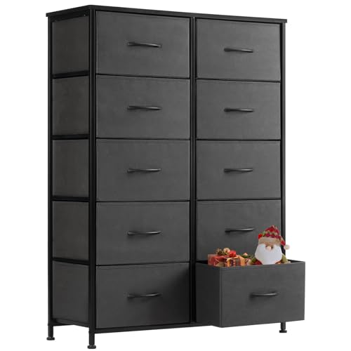 Image of Sweetcrispy Dresser, Tall Dresser for Bedroom, Drawer Dresser Organizer Storage Drawers with 10 Drawers, Chest of Drawers with Fabric Bin, Steel Frame, Wood Top for Bedroom, Closet, Entryway
