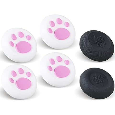 9CDeer Performance Joystick Analog Stick Thumb Grips Set of 6 Compatible with PS5, PS4, Xbox Series X/S Xbox One, Switch Pro Controller Cat's Paw White & Pink Cover