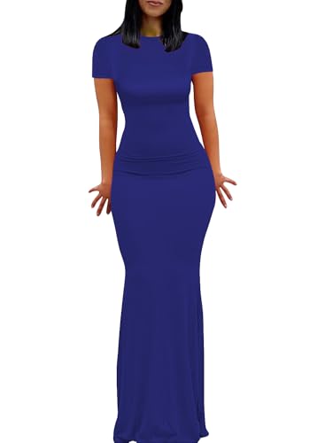 Image of Womens Summer Short Sleeve Square Neck Elegant Casual Lounge Bodycon Slim Maxi Evening Party Long Dress