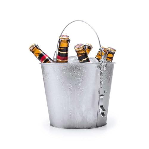 Cubo de Metal para Enfriar Cervezas y Bebidas. Capacidad 6L. con asa de Metal y abridor con Cadena. Medidas 18 cm.-22.5 Ø. para Fiestas, Bares y restaurantes. (1)