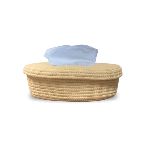 Image of BOBBINY Jute Cotton Tissue Box Holder, Handcrafted Tissue Container for 100 Pulls Natural Tissue Holder for Office Living Bedroom Car Desk Dining Table Home Decor (Brown, Design 4)