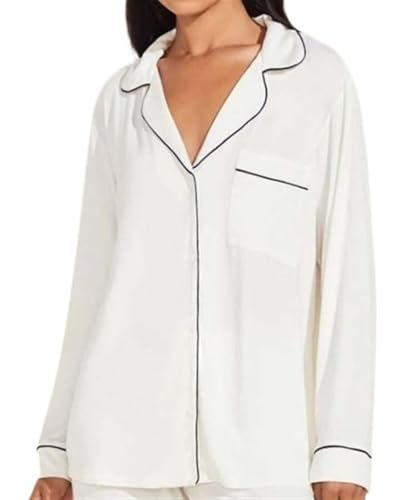 Men's Modal Thin Long Sleeve Sleepwear V Neck Lapels Button-Down Pajamas Set Casual Loungewear Two-Piece(White,Medium)2