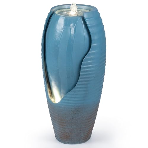 Giantex 32" Outdoor Jar Water Fountain with LED Lights, Vintage Blue Cracked Jar Design, Cascading Waterfall with Adjustable Pump, Resin Patio Water Feature for Garden, Balcony, Porch, Indoor Decor