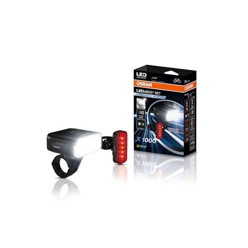 OSRAM LEDsBIKE Explorer X 1000 Juego de Luces Recargables para Bicicleta (Delantera y Trasera), para Uso Todoterreno, con luz de Freno, Tres Modos de iluminación y luz Intermitente, Compatible
