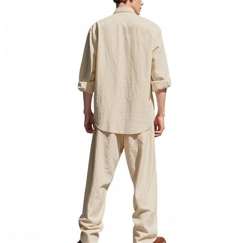 Mens Linen Sets Casual Buttons Long Sleeve Solid Spread Collar Summer Beach Shirts and Pants with Pocket3