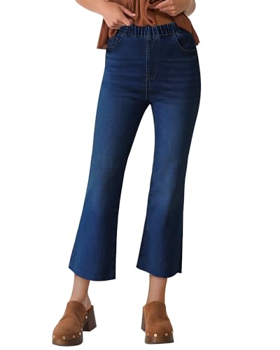 Pull on Jeans for Women,High Waist Denim Pants Stretchy Elastic Waist Cropped Ankle Length Jeans with Raw Hem