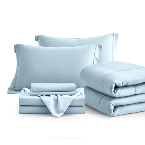 Maple&Stone Full Size Comforter Sets 7 Pieces Bed in a Bag - Down Alternative Bed Set with Comforter, Sheets, Pillowcases & Shams, All Season Lightweight Bedding Set, Light Blue - Thumbnail 7